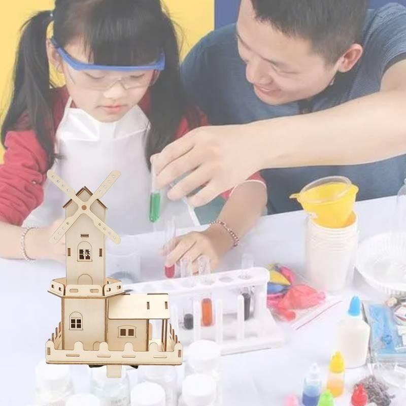 Children's Wooden Diy Dutch Windmill Science Toy Electric Light House Educational Model