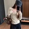 Women's Trendy Lace Patchwork V-Neck Fleece Long Sleeve Base Layer Top for 2026 Autumn/Winter.