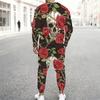 Men Black Background Purple Rose Skull Blue Butterfly Print Long Sleeve Sweatshirt Jogger Pants Two Piece Suit