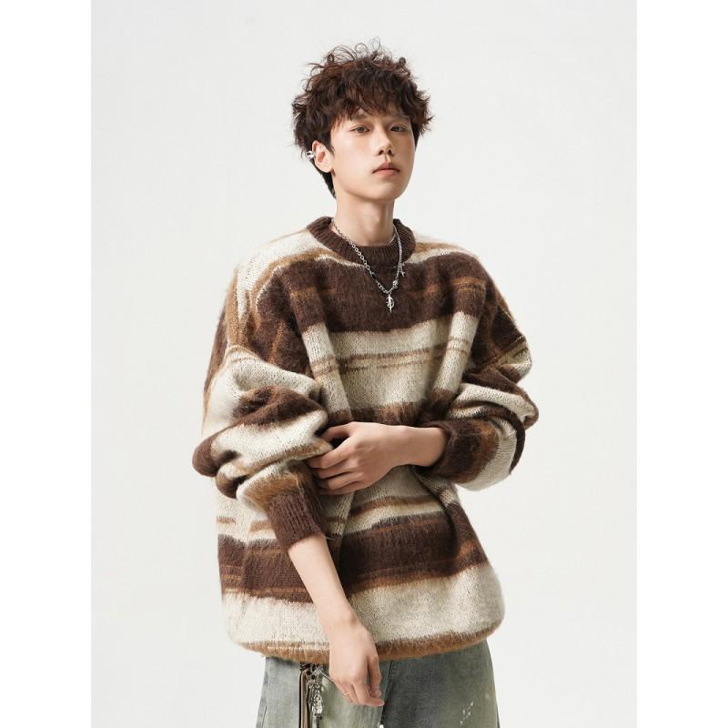 Men Women Striped Knit Sweater Loose Fit Casual Crewneck Pullover Winter