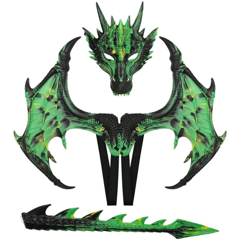 Drachenkostüm für Kinder Jungen Mädchen, Drachenflügel Schwanz Masken-Set, Halloween Dinosaurier Cosplay Kostüm Zubehör