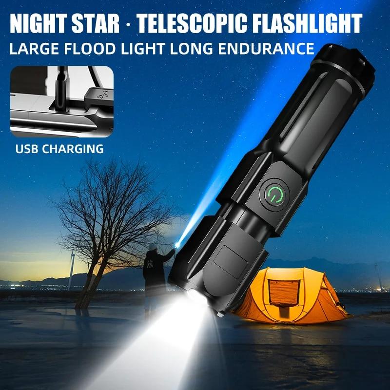 High Power Outdoor LED Flashlights USB Rechargeable Strong Hand Light Multifunctional Torch Lamp For Emergency Fishing Camping