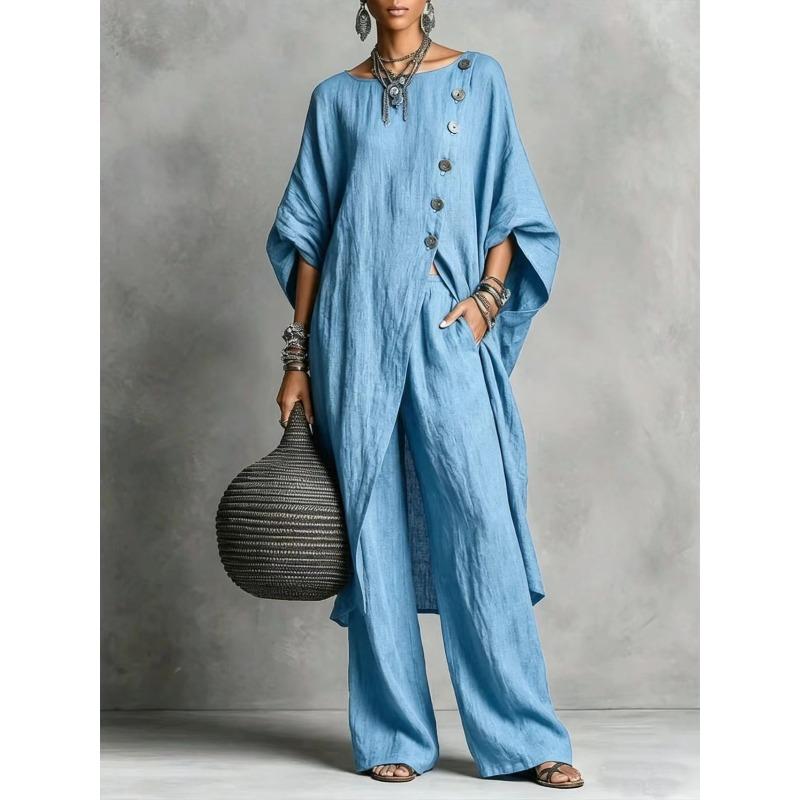 TIFICY Damen Mode Lässig Sommer Frühling Einfarbige Druck 3/4 Ärmel Rundhals Hosenanzüge