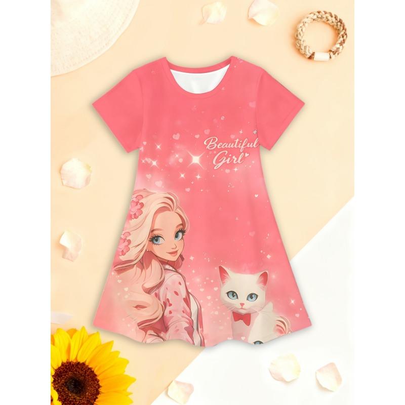 

Girls 3D Printed Short-Sleeve Dress with Round Neck & -Line - Vibrant Hem Party Dress Suitable for Birthdays 110