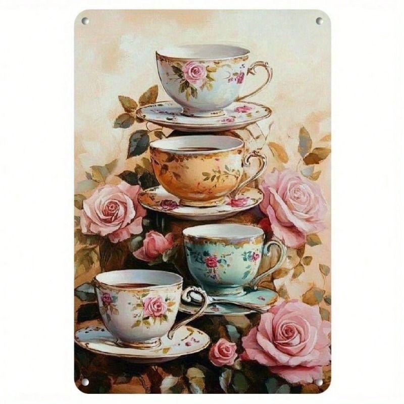 Vintage Metal Poster Rose Cup Leaves Wall Art Home Cafe Bar