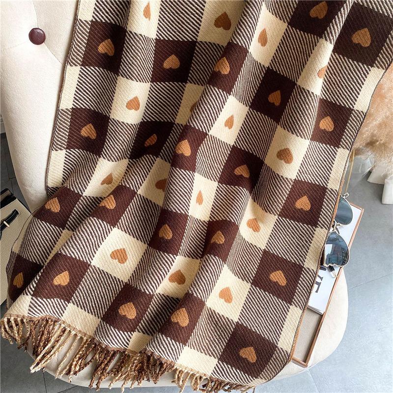 Winter love plaid scarf women's versatile imitation cashmere warm fringed shawl thickened scarf