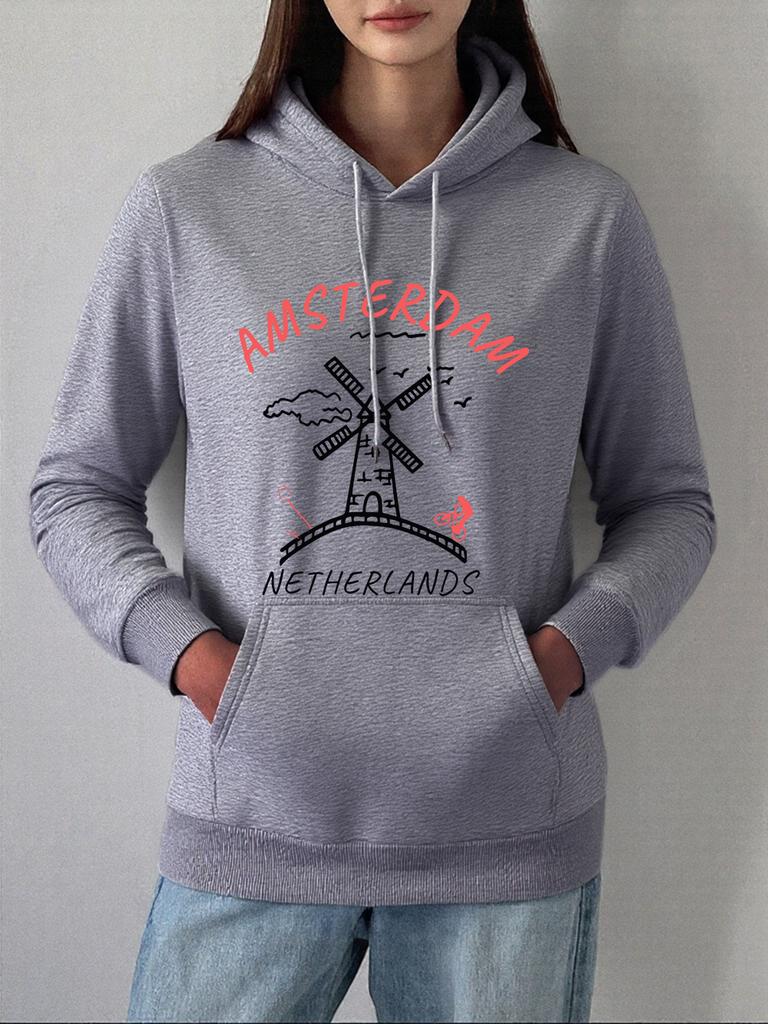 Amsterdam Netherlands Windmill Prints Hoodies Women Winter Fleece Warm Pullovers Loose Pocket Sweatshirts Casual Soft Clothes