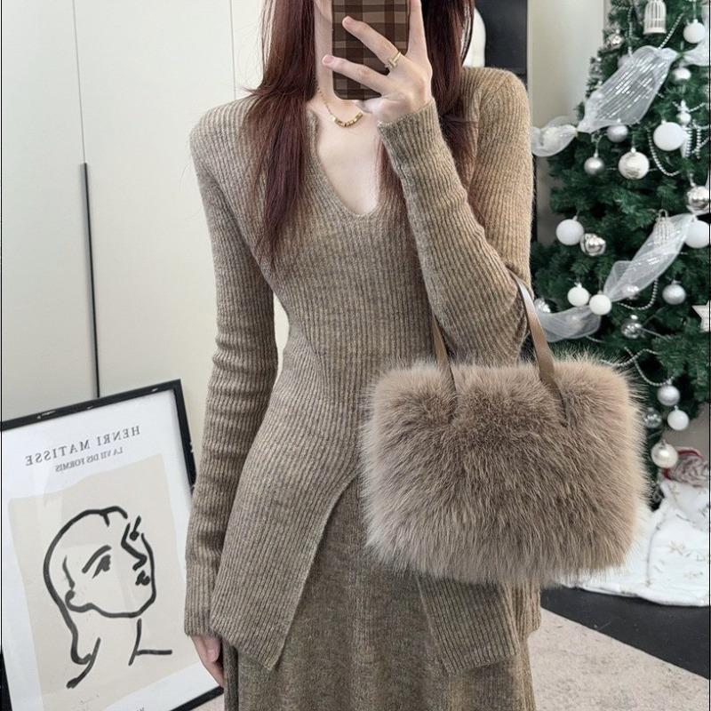 V-neck Elegant Style Autumn and Winter New Split-ended Sweater Two-piece Skirt + Bottom Knitted Sweater Set