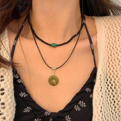 2 Pcs Vintage Peace Buckle Pendant Necklaces Natural Stone Beads Chains Choker Necklace Set Women Men Chinese Style Jewelry
