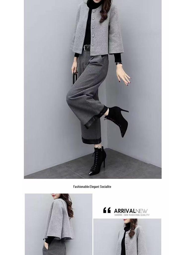 2025 Women's Plus Size Woolen Two-Piece Suit: Short Coat & Wide Leg Pants for Autumn/Winter Fashion.