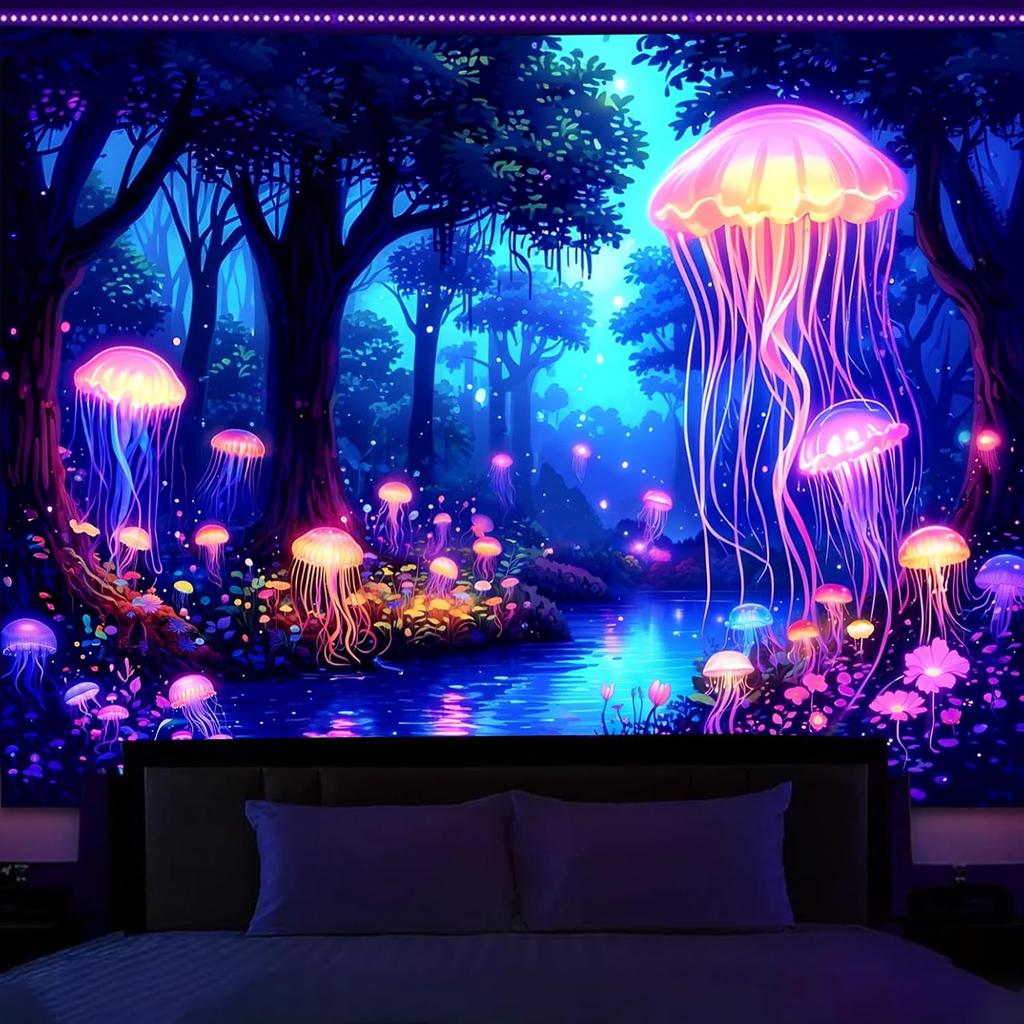 Manicer Blacklight Jellyfish Forest Tapestry – UV Reactive Fantasy Underwater Jellyfish In Enchanted Forest, Glow In the Dark Neon Nature Art Wall