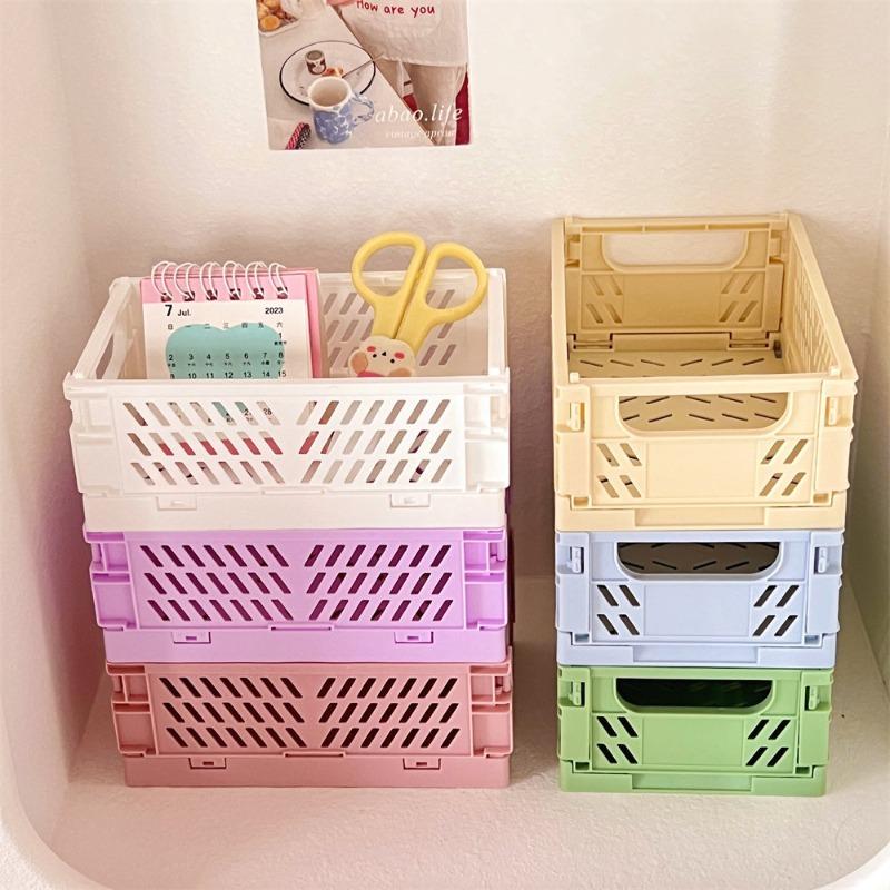 1Pc Mini Folding Plastic Storage Box Student Desktop Finishing Handbook Tape Stationery Folding Basket Storage Basket