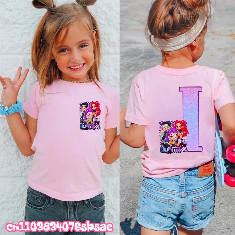 Fashion A-Z 26 Letter Print Kids Clothing Kpop Demon Hunters Graphic Y2k Tops Girls Boys Short Sleeve Tees Child T-shirts
