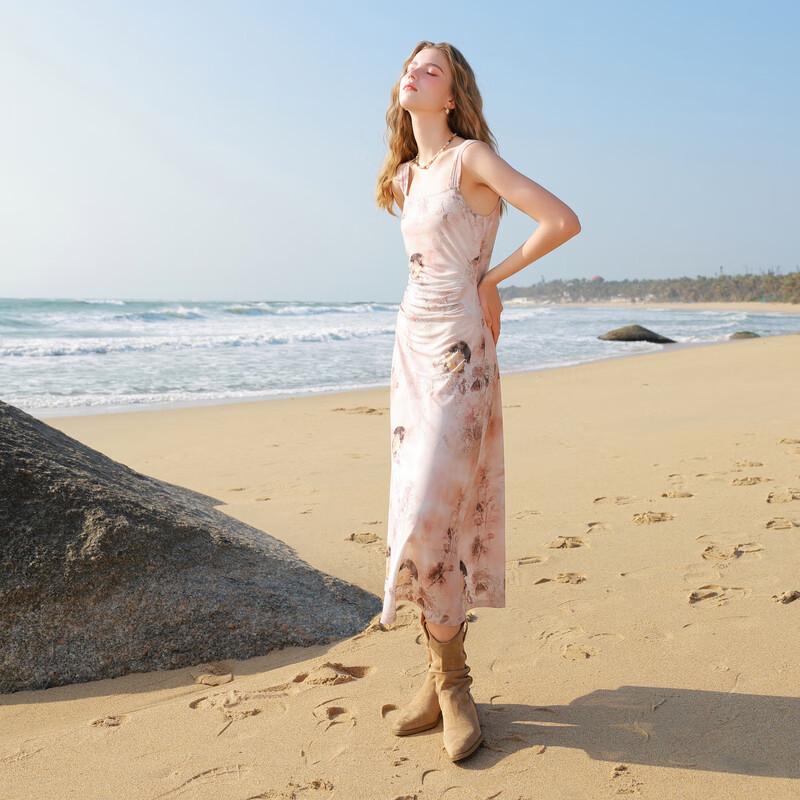 

SanCai 2025 Summer Mesh Print Square Neck A-Line Camisole Dress L