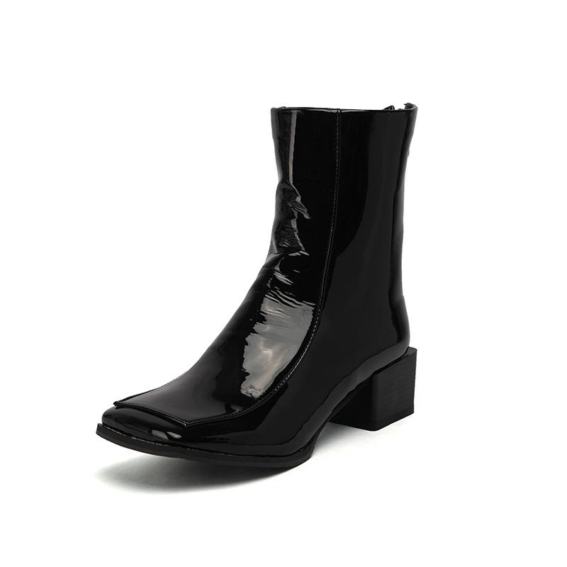 

Челсі черевики на товстому підборі з квадратним носком з яскравої лакованої шкіри з плоским носком прості та модні вуличні жіночі черевики до щиколотки оверсайз 36