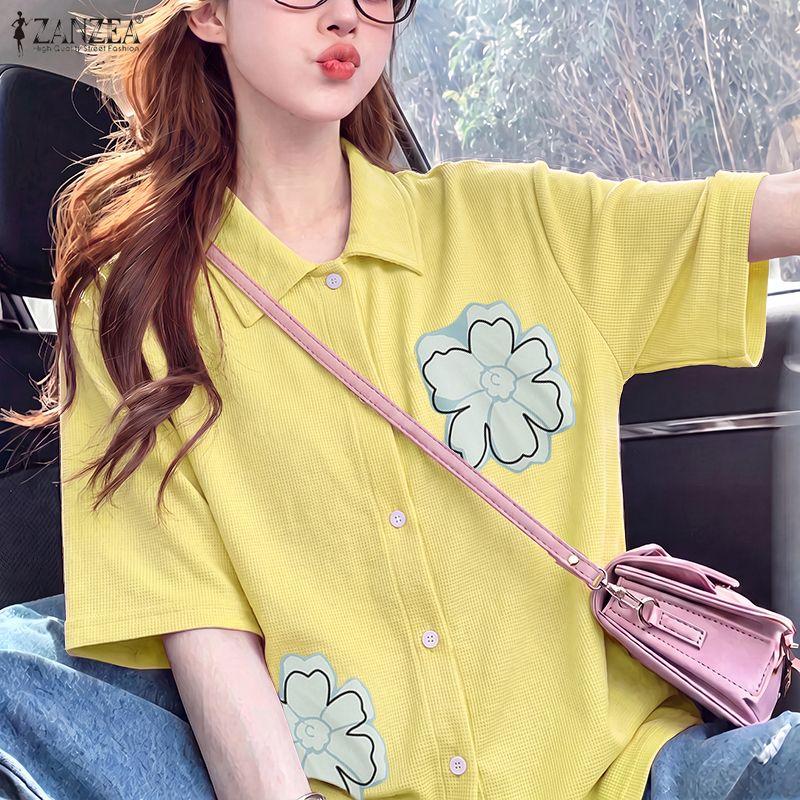 ZANZEA Blusa informal holgada de media manga con cuello vuelto para mujer