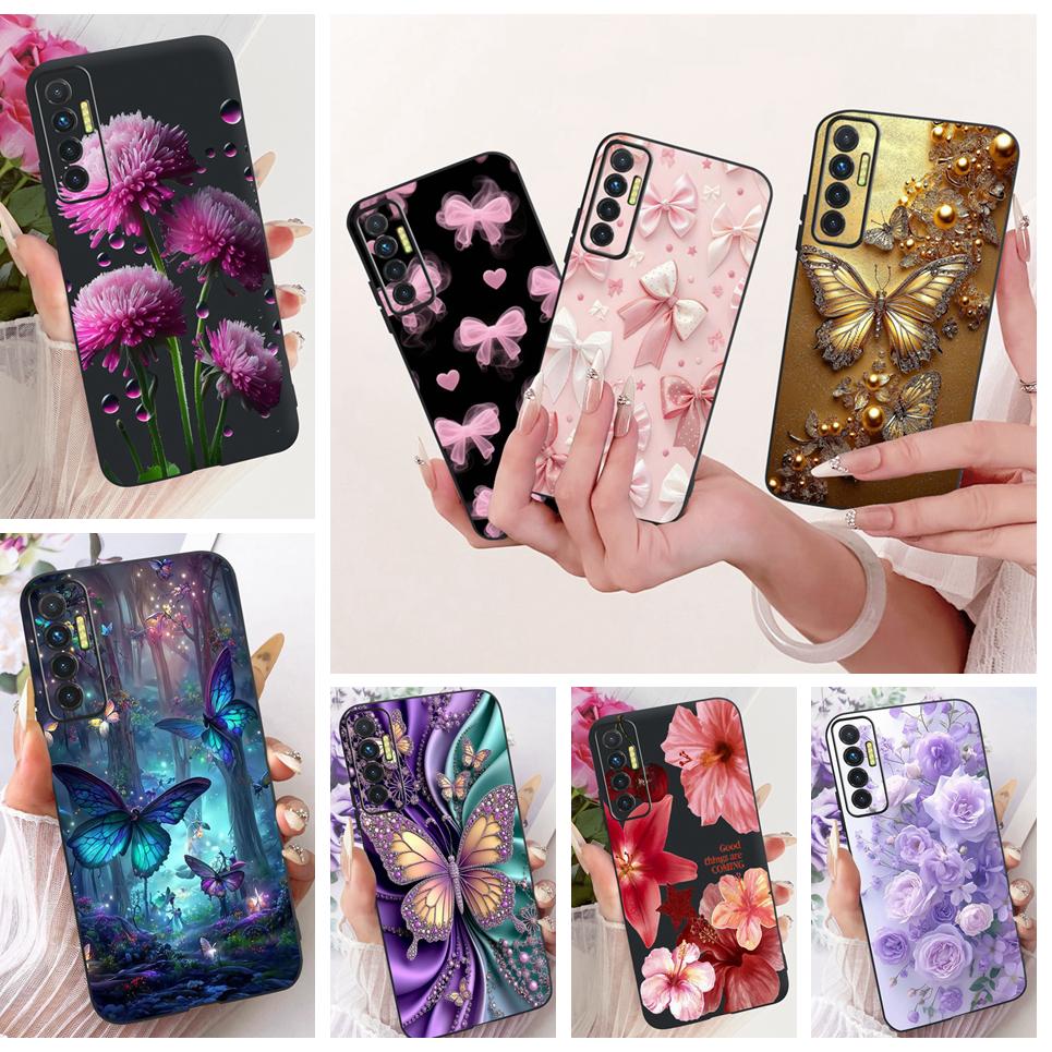Luxury Flower Butterfly Bow Pattern Casing For Tecno Camon 17P 17 Pro Back Cover Clear Soft Silicone Phone Case For Camon17