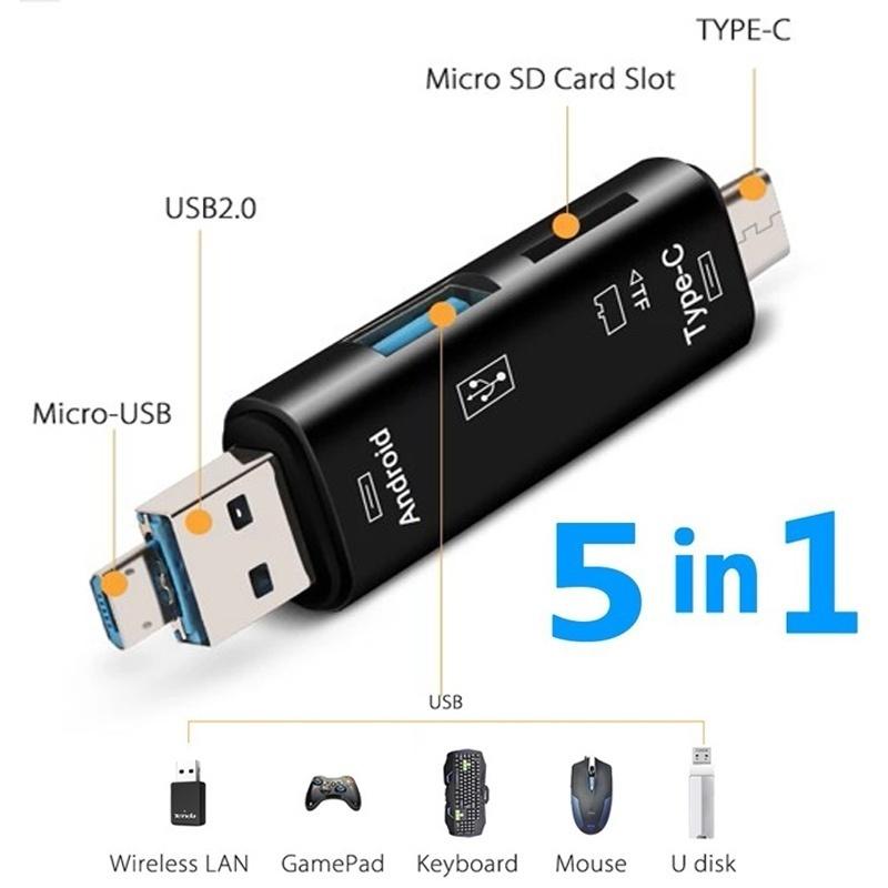5 In 1 Multifunction Usb Type C Usb  Micro Usb TF Memory Card Reader OTG Card Reader Adapter