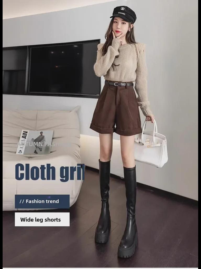 Dámské manšestrové kraťasy s vysokým pasem a áčkovým střihem – módní korejský styl na podzim/zimu