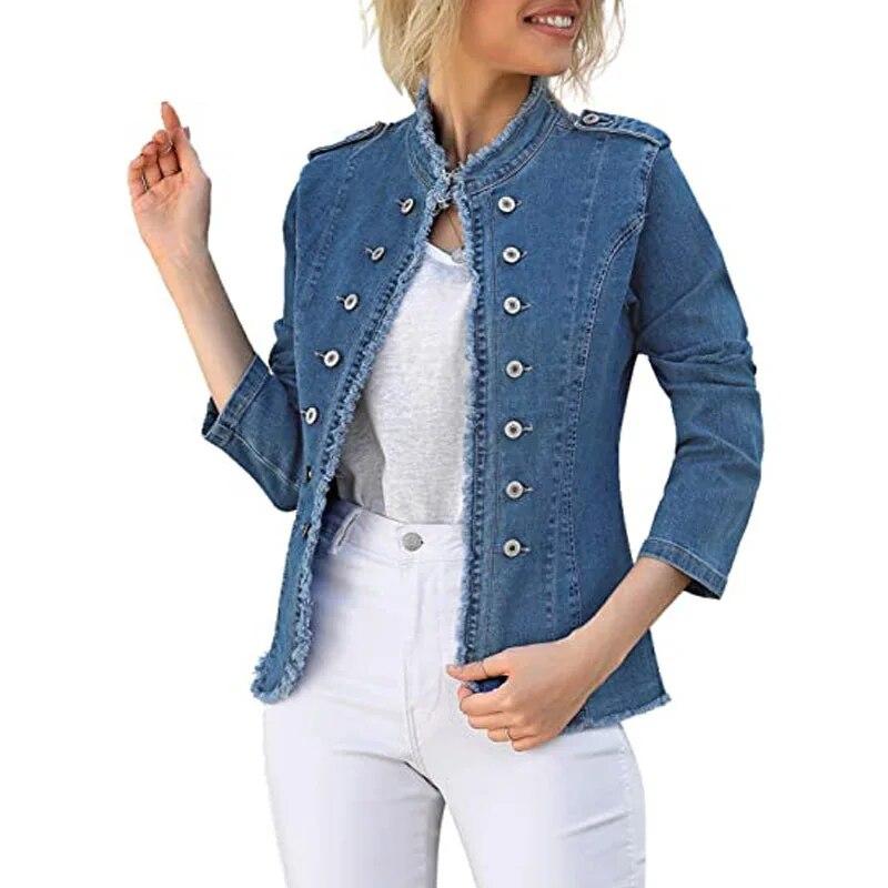 Neformální dámská džínová bunda jarní retro modrá bunda s dlouhým rukávem sepraný cardigan stojáček s výstřihem žena džínová bunda