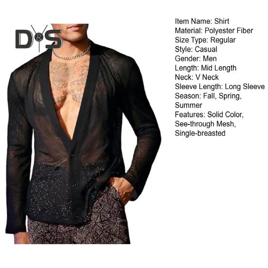 Herren Club Shirt Ultradünnes durchsichtiges Mesh V-Ausschnitt Button-Down Langarm Muskelshirt Männer Top Party Performance Top
