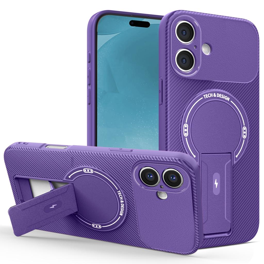 For iPhone 17 Case with Kickstand Carbon Fiber Texture PC+TPU Phone Cover
