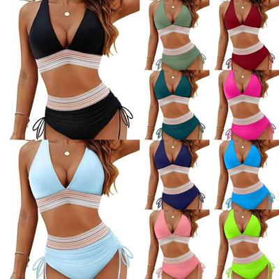 Large Size Women’s High-Waist Bikini Set, Sexy V-Neck Tankini Bathing Suit Two-Piece Drawstring Push-Up Swimwear