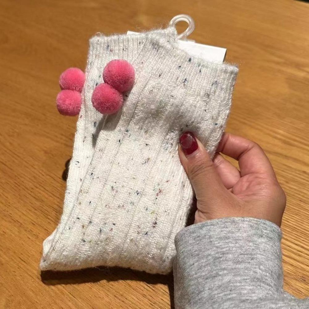 Plush Ball Mid Tube Socks Thick Warm Knit Socks Women Cute Wool Mid-Calf Socks  Girls