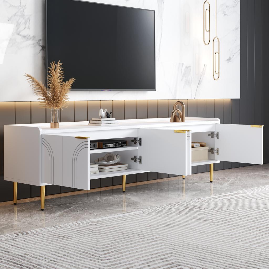 TV Cabinet, Lowboard with Textured Door, TV Furniture, Golden Handles and Golden Feet, 170 L x 35 W x 47.5 H(cm)