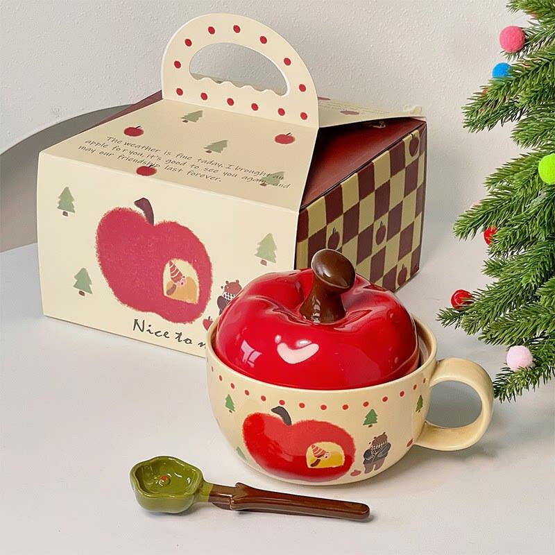 Cute Apple Ceramic Mug with Lid  Spoon