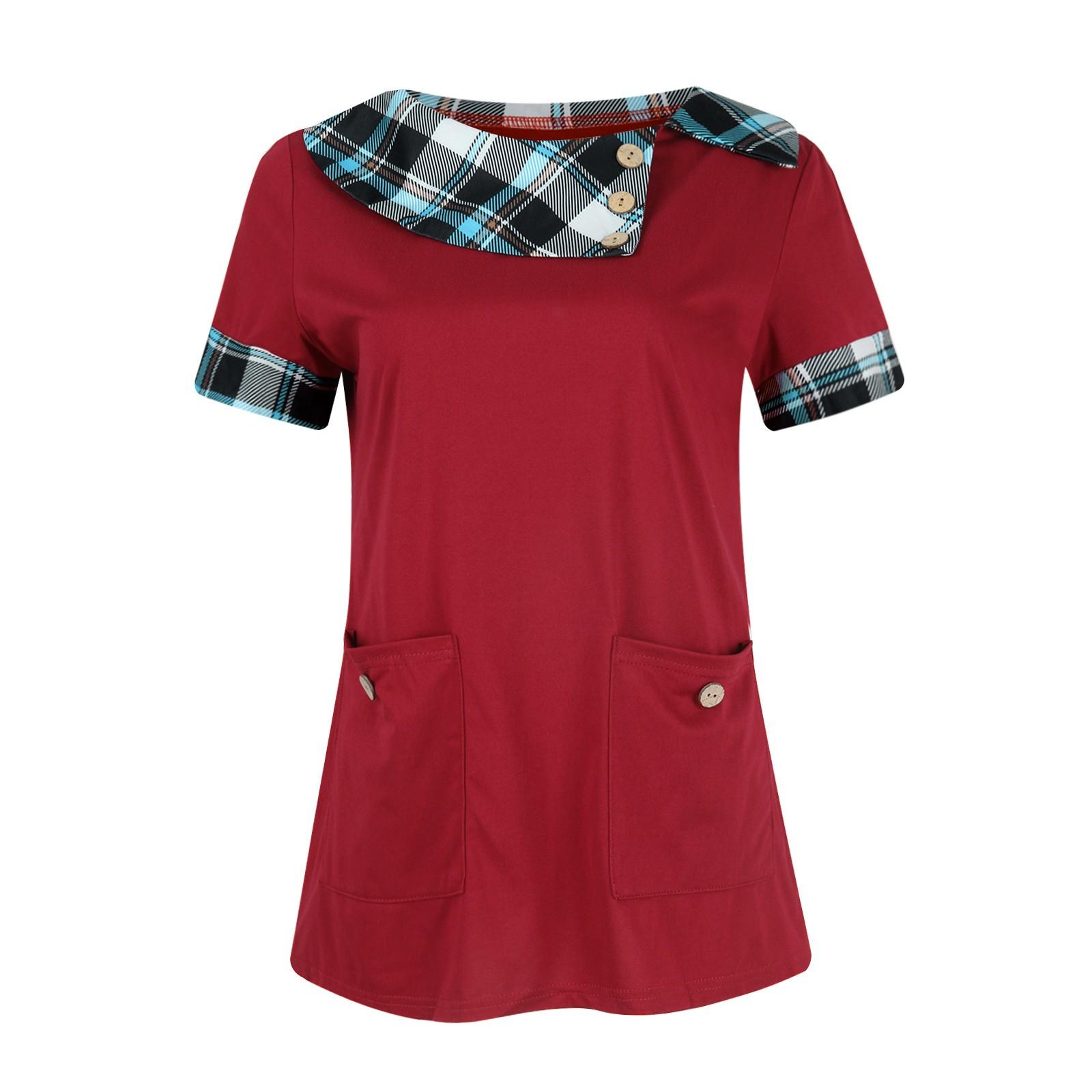 

Women s Fashion Big Size Button Round Neck Pocket Short Sleeve T-Shirt XL винний