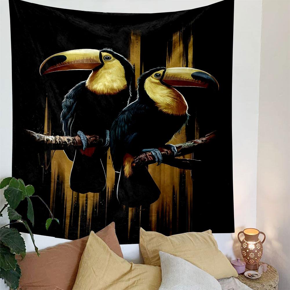 Toucans On Branches with Gold Accents Patterned Tapestry Decorative Wall Hanging, Home Bedroom Living Room Decor