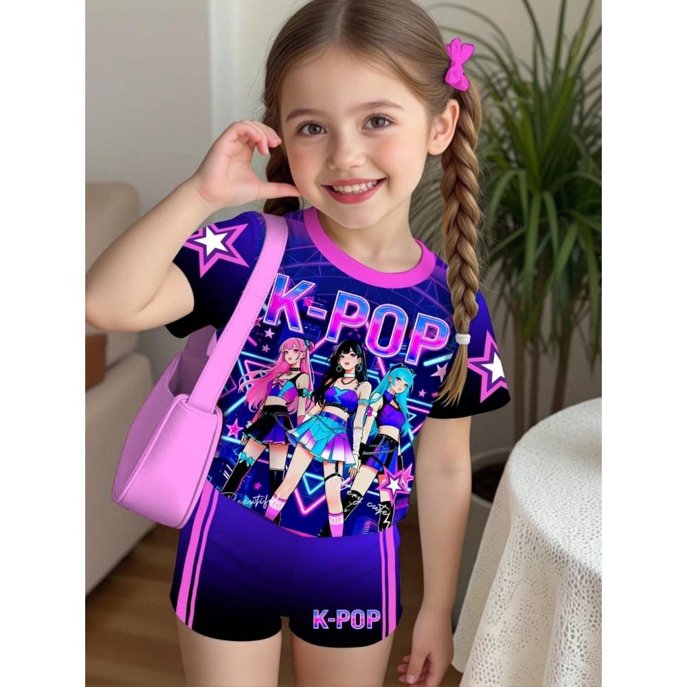 K-Pop-Cartoon-Grafik-T-Shirt- und Hosen-Set für Mädchen, Sommerkleidung für Mädchen, süßes Kurzarm-Set, Kinder-T-Shirt- und Shorts-Set