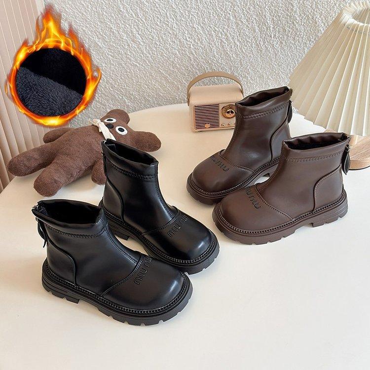 Girls' short boots 2025 autumn and winter new children's velvet warm short black leather boots women's treasure fashion Martin boots