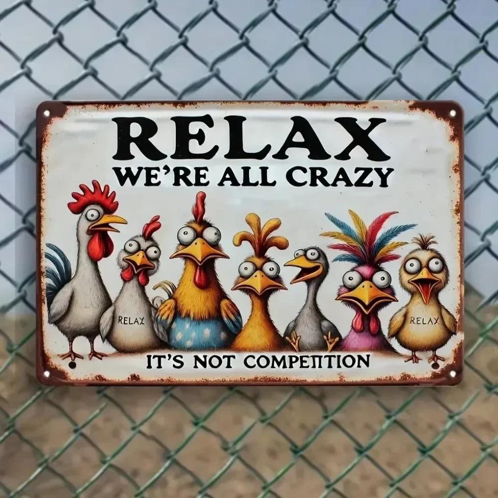 Unrivaled "Relax & Enjoy Life" Sign | Colorful Chicken Wall Decor, Weatherproof Iron, All Places Suitable
