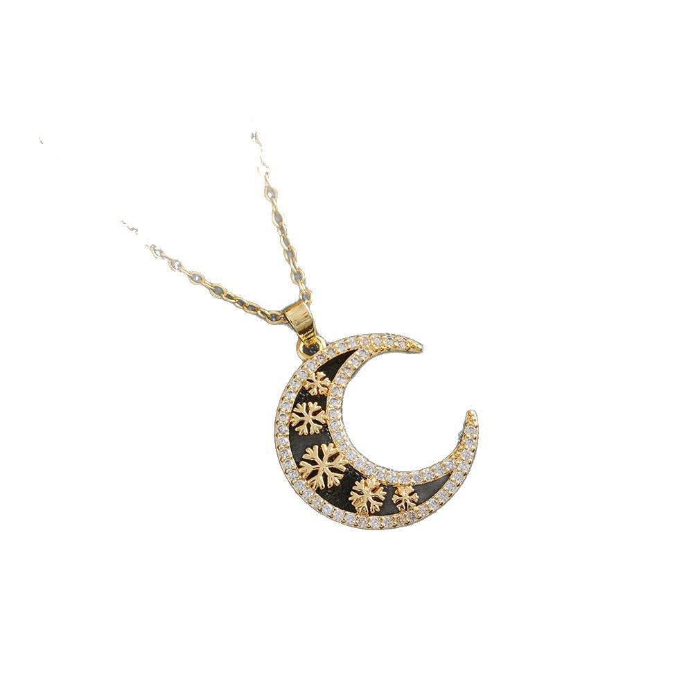 Full Diamond Snowflake Moon Pendant Necklace - Women's Versatile Trendy Clavicle Chain with Japanese Korean Design