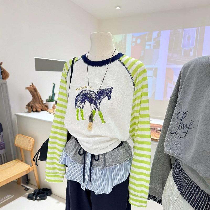 Women Plus Size Long Sleeve T Shirt Raglan Sleeve Cartoon Print Casual Spring Summer