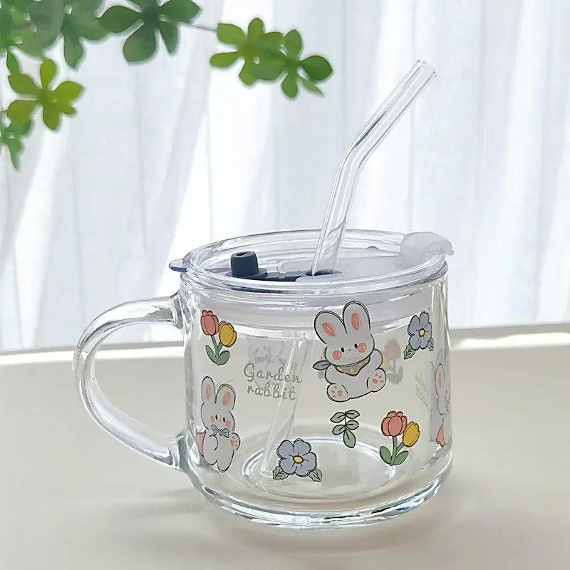 Glass Mug 350ml Cartoon Home Office Ins Coffee Cup with Straw Cup with Lid and Spoon High Temperature Roasted Flower Drink Cups