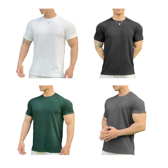 Men Summer Top with 3D Texture Round Neck Short Sleeves Loose Solid Color Muscular Men Sport T-shirt Daily Exercise Shirt