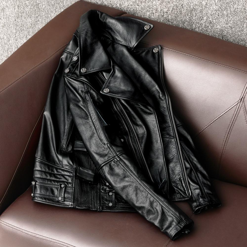 Men Genuine Leather Motorcycle Jacket Heavy Duty Biker Coat with Multiple Zippers