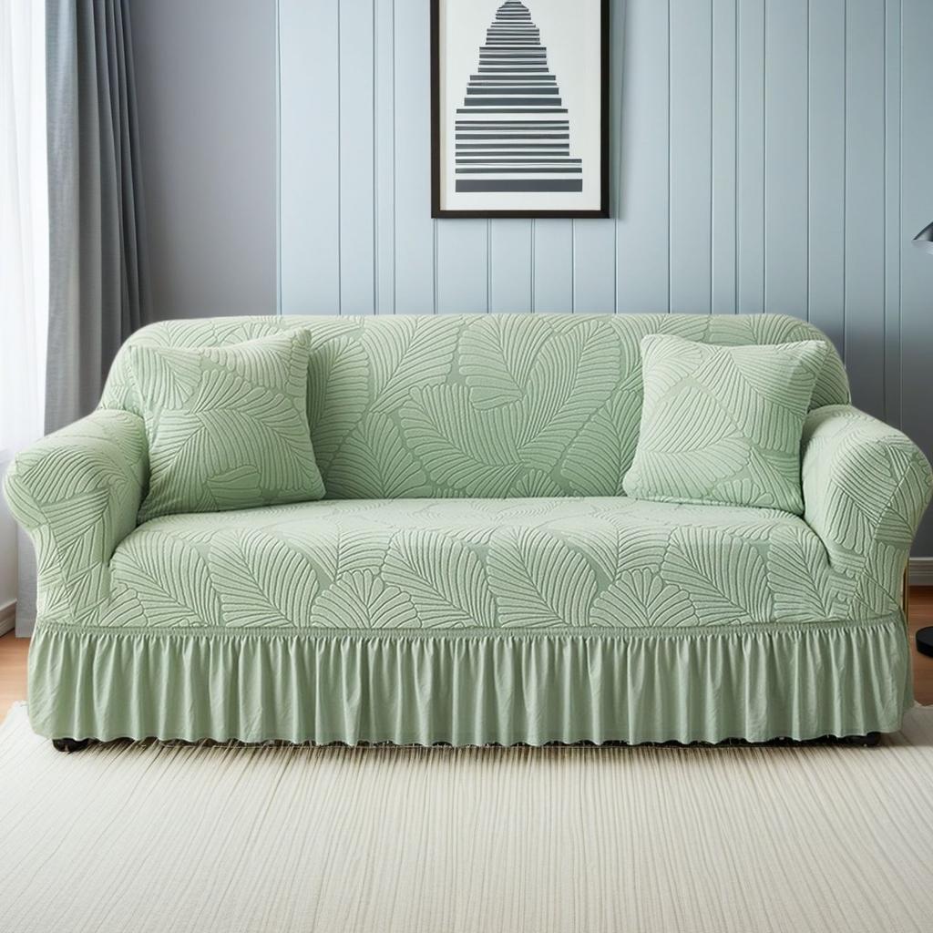 Leaf Texture All-Inclusive Skirt Sofa Cover with Ruffled Trim - Stretchy Polyester-Spandex Blend Fits 1-4 Seater Couches for Living Room, Bedroom