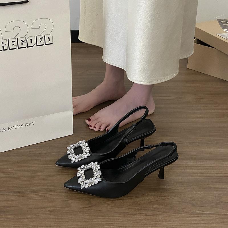 

2025 new fairy purple bag head sandals high heels spring and summer pointed shoes thin heel French rhinestone single shoes 40 чёрный