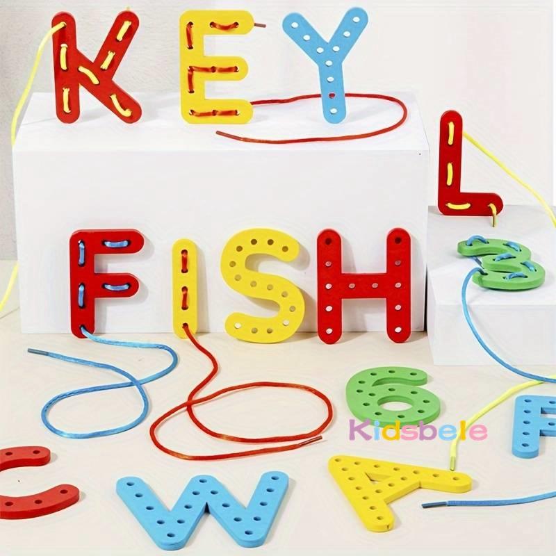 Kids Montessori Number Letter Cognition Threading Toy Wooden Block Game Hand Eye Coordination Educational Toy Ages 3 4 5 6 8 10