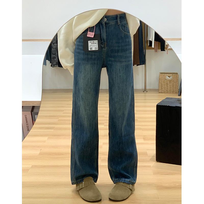 Fleece straight jeans women's autumn and winter, new high-waisted and thin pear-shaped narrow wide-leg pants