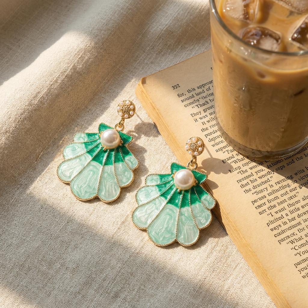 Elegant Imitation Pearl Shell Stud Earrings for Women Trendy Gradient Green Enamel Shell Earrings Bohemian Beach Party Jewelry