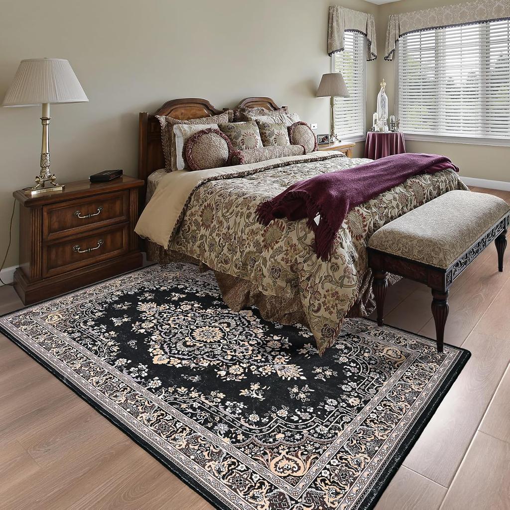NOAHAS Washable Rugs for Living Room Non Slip Vintage Rug Faux Wool Floral Rug for Bedroom Dining Room Carpet Rug for Room Decor