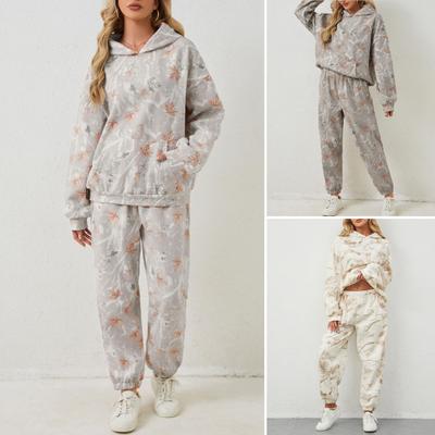 2 st/set Dam Huvtröja Byxor Kostym Tryck Långärmad Tjock Topp Elastisk Midja Ankelbandad