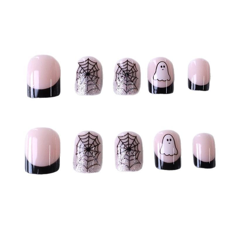 Nagelkunst Europees En Amerikaans Schattige Halloween Glitter Spinnenweb Franse Korte Vierkante Draagbare Armor
