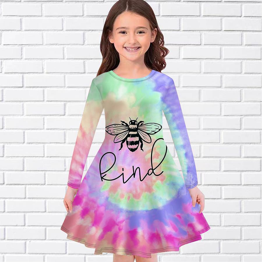 Girl Casual Little Bee Print Round Neck Long Sleeve Dress Kid Princess Dress