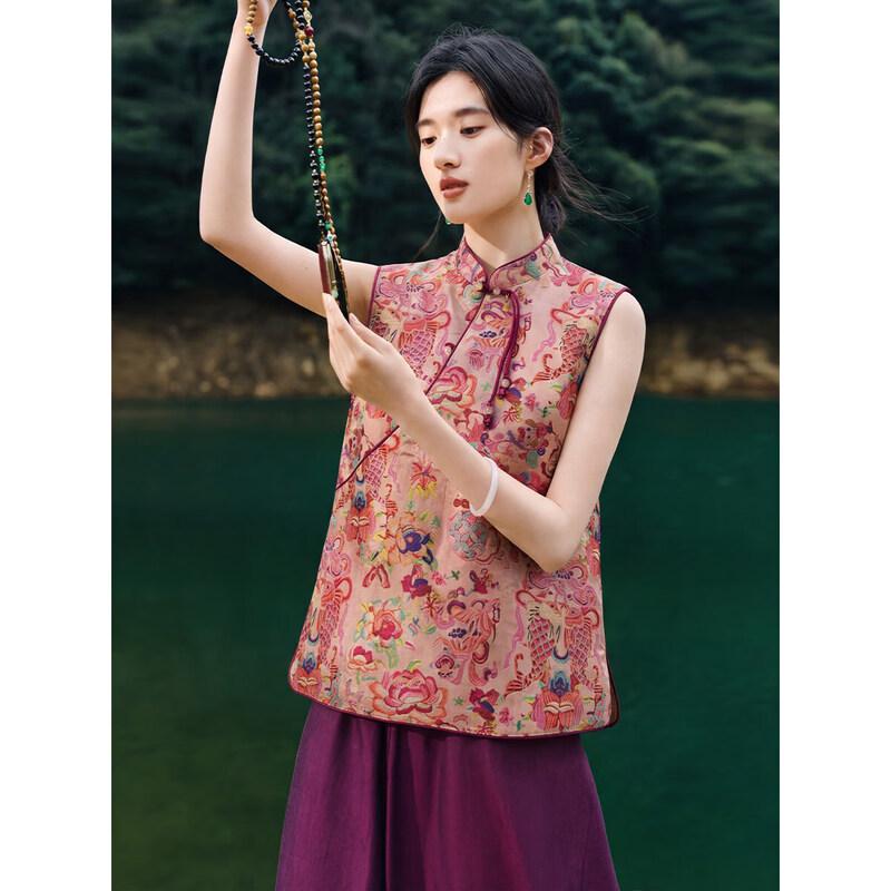 XWI Women's New Chinese Style Jacquard Sleeveless Pankou Vest